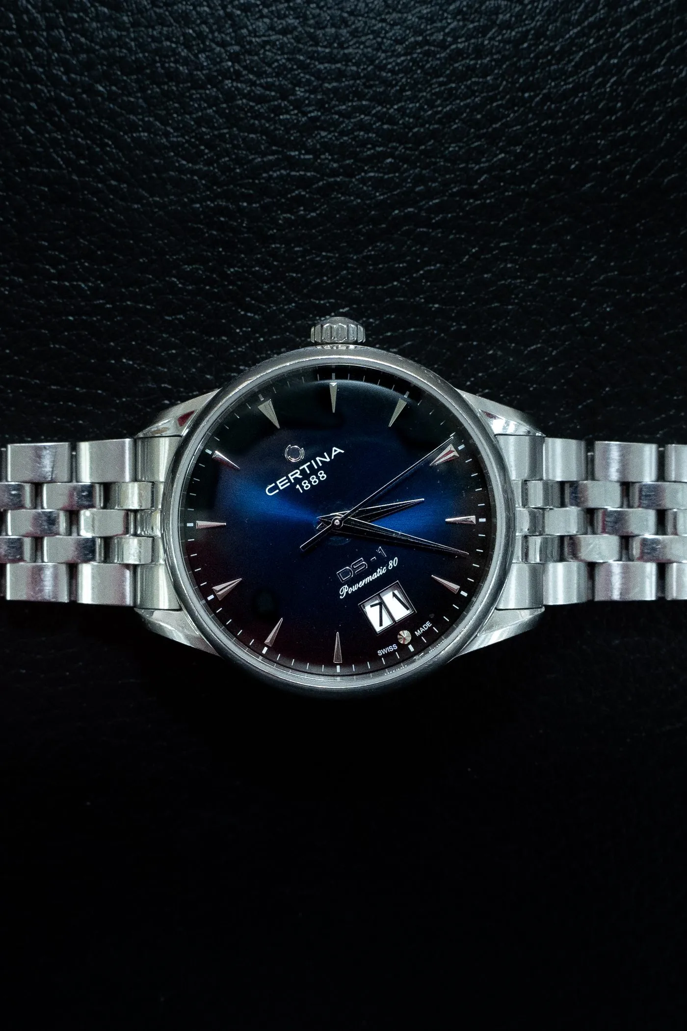 Certina DS-1 Powermatic 80 with a blue dial and big date on a steel bracelet