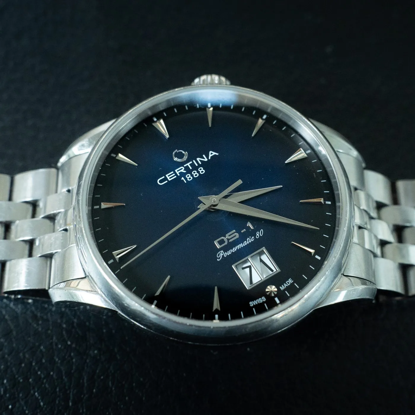 Certina DS-1 Powermatic 80 with a blue dial on a steel bracelet at SwissMade