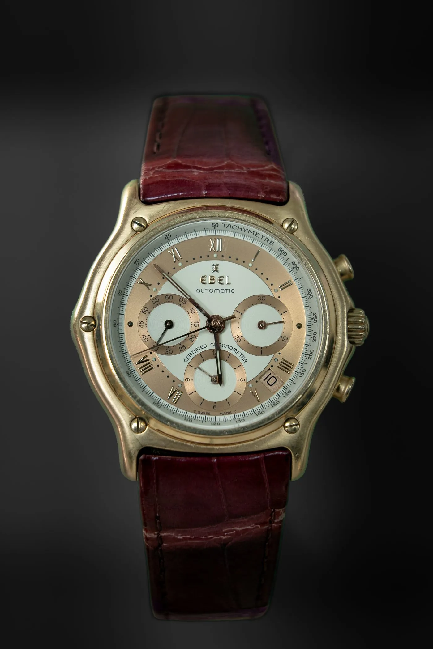 Gold Ebel 1911 automatic chronograph on a burgundy leather strap
