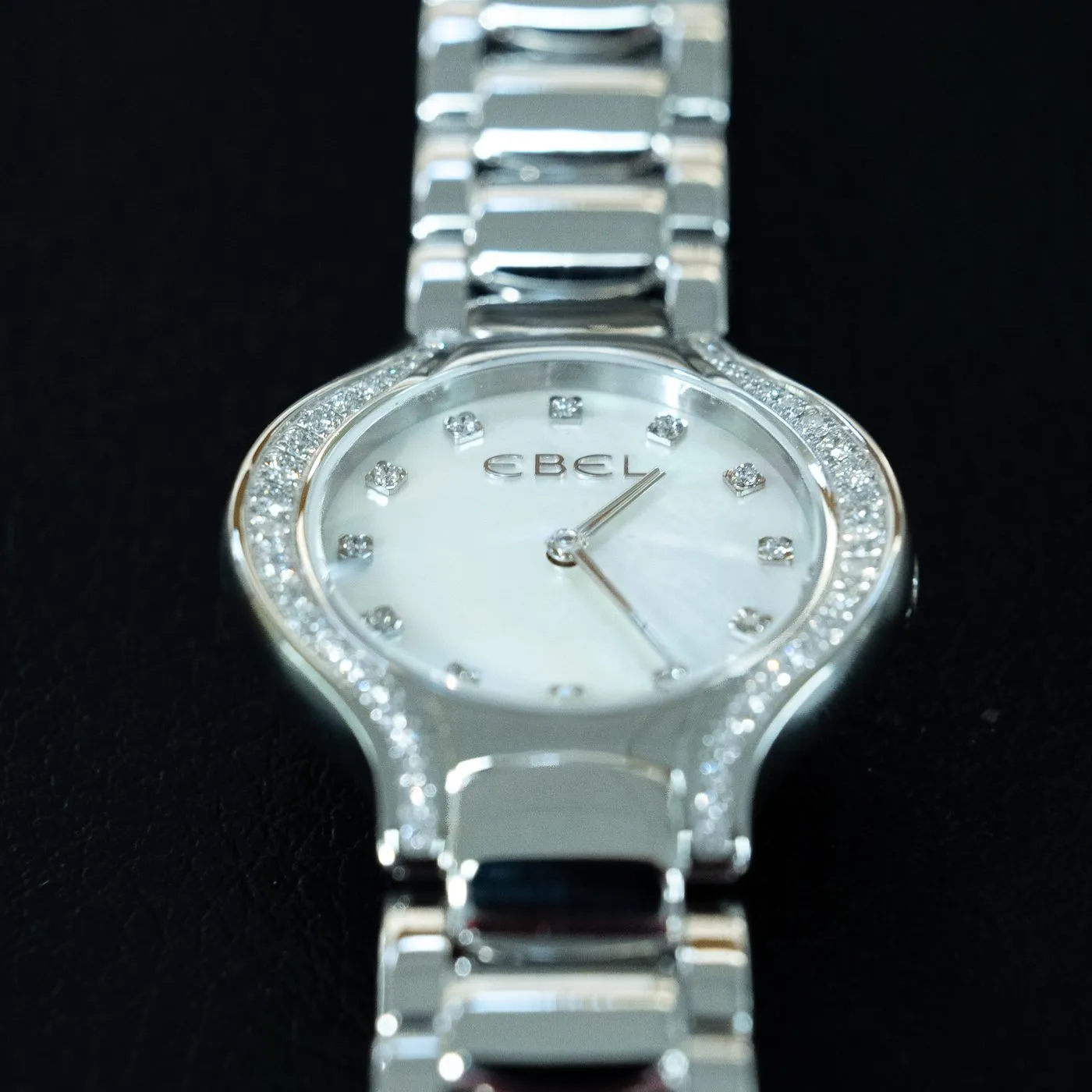 Diamond-set Ebel Beluga on its steel bracelet, photographed at SwissMade