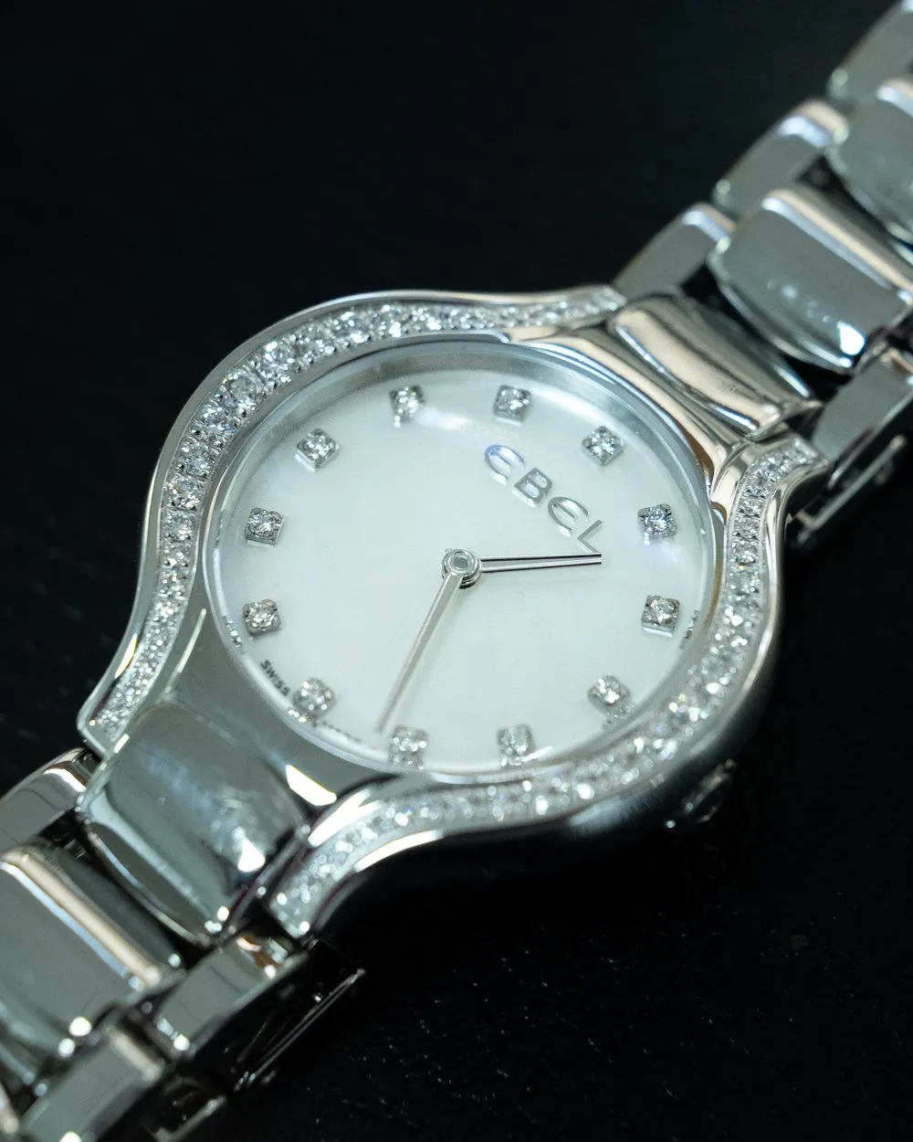 Diamond-set Ebel Beluga with a mother-of-pearl dial, in for restoration at SwissMade