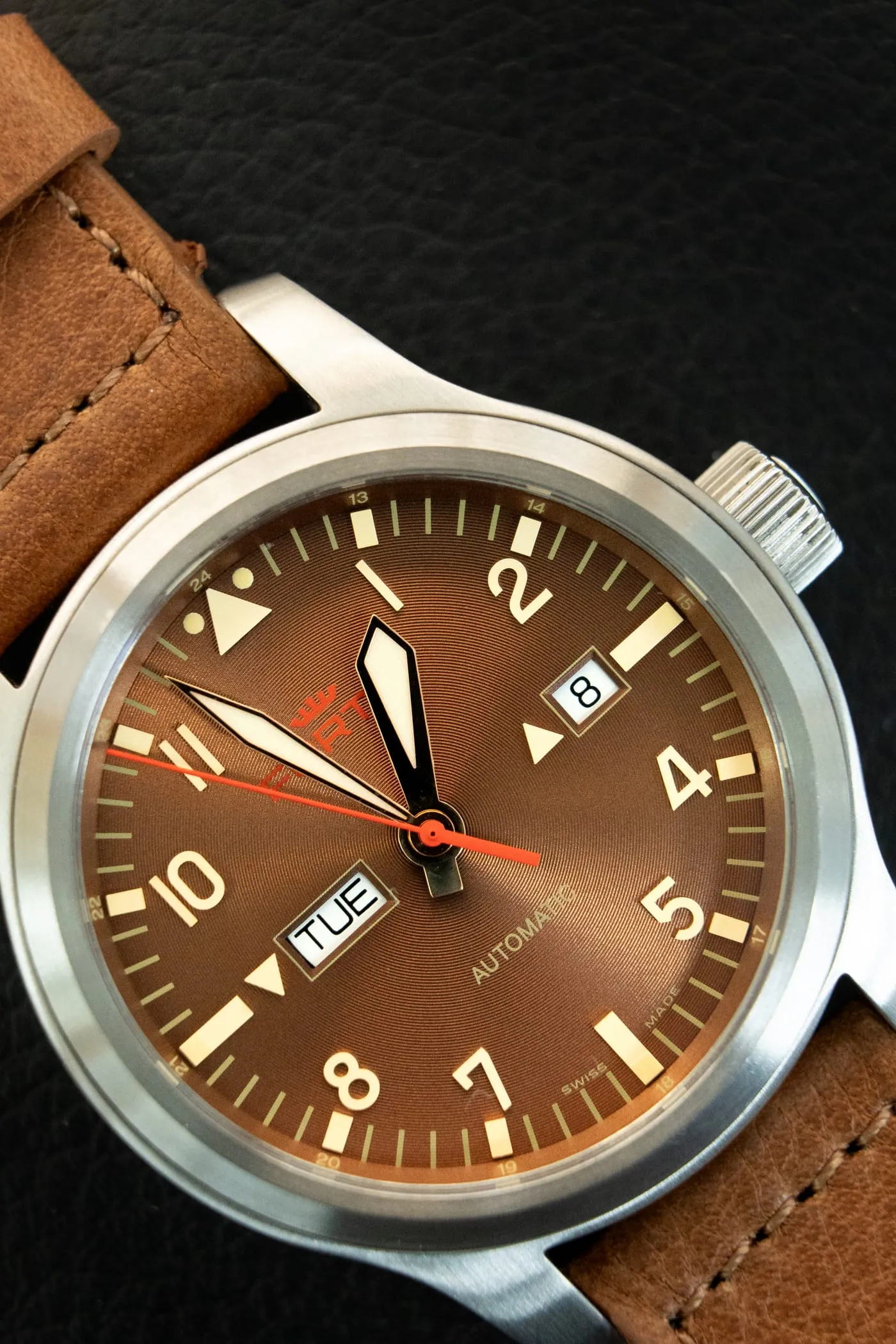 Fortis B-42 automatic with brown dial and day-date on a tan leather strap