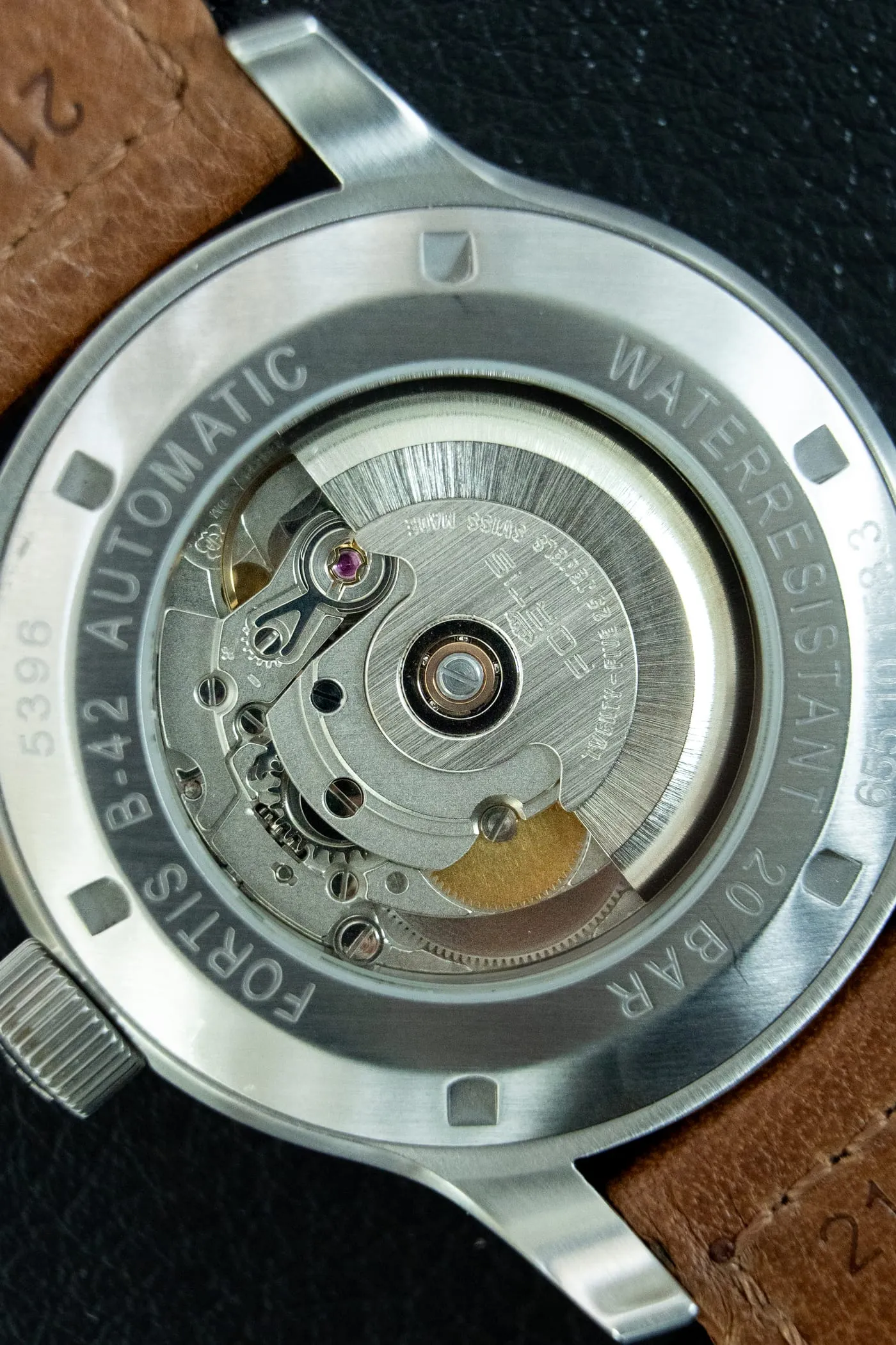 Fortis B-42 automatic movement seen through the display caseback